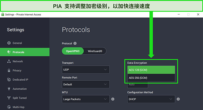 PIA 的 Windows 应用程序的屏幕截图，其中打开了协议设置，显示了 OpenVPN 数据加密选项。