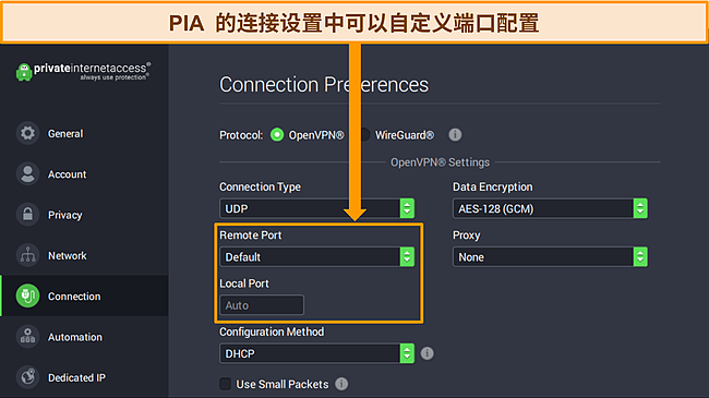 PIA Windows 应用程序的屏幕截图，显示连接首选项并突出显示端口自定义选项。
