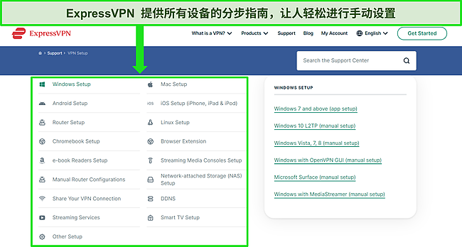 ExpressVPN 支持中心在其网站上的屏幕截图，显示了所有支持设备的设置指南。