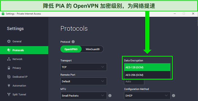 PIA 的 Windows 应用程序图像，显示可提供网络速度提升的可自定义功能