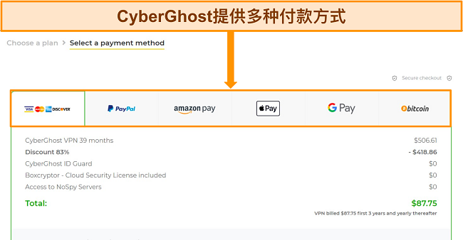 获取 CyberGhost 免费试用版 选择付款方式