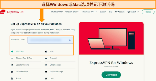 ExpressVPN 网站的图片显示了 Windows 和 Mac 的下载选项，并提示用户记下其激活码