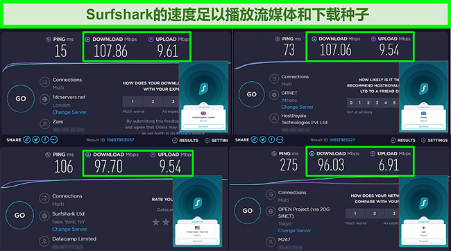 将Surfshark连接到不同的全局服务器的Ookla速度测试结果的屏幕截图