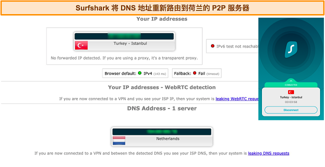 Surfshark 连接到美国服务器的泄漏测试结果截图