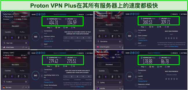 Proton VPN 速度测试的屏幕截图显示了美国、英国、德国和澳大利亚的服务器
