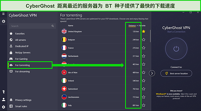 CyberGhost 的 Windows 应用程序的屏幕截图，其中包含按距离排序的优化的 torrenting 服务器列表。