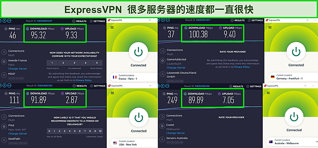 ExpressVPN 连接到多台服务器的屏幕截图以及在这些服务器上运行的速度测试结果。