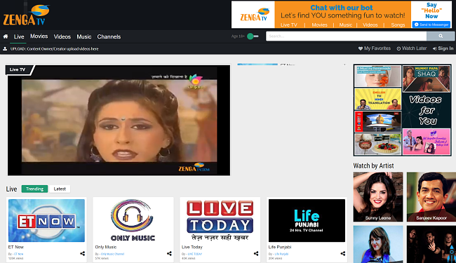 Screenshot of ZengaTV streaming service user interface unblocked with SmartDNS Proxy