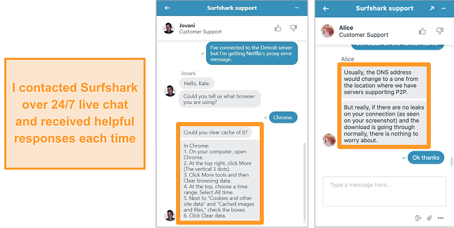 Screenshot of Surfshark's 24/7 live chat feature with troubleshooting advice about Netflix US and torrenting