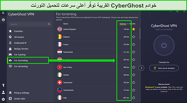 لقطة شاشة لتطبيق CyberGhost على Windows مع قائمة خادم التورنت المحسّن مرتبة حسب المسافة.