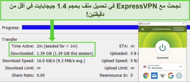 لقطة شاشة لـ ExpressVPN متصل بخادم في المملكة المتحدة مع برنامج تورنت تظهر وقت تنزيل أقل من دقيقتين لملف بحجم 1.4 جيجابايت.