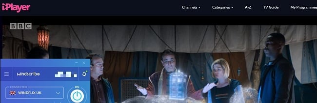 Screenshot of Windscribe unblocking Doctor Who on BBC iPlayer