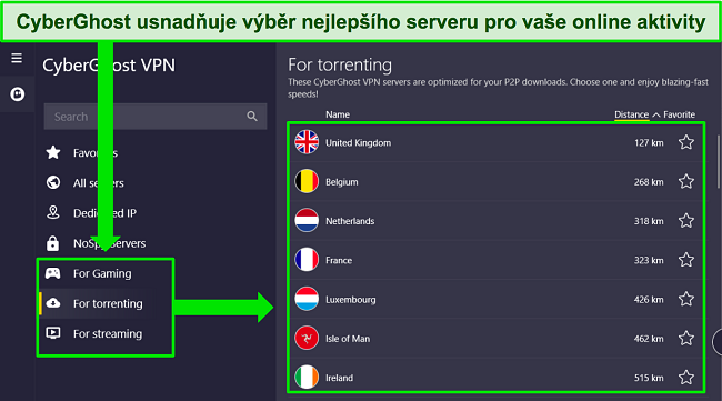 Snímek obrazovky aplikace CyberGhost pro Windows zvýrazňující její výběr optimalizovaných serverů.