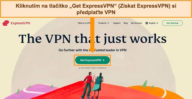 Snímek obrazovky domovské stránky ExpressVPN se zvýrazněním tlačítka „Get ExpressVPN“.