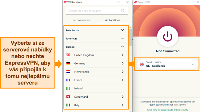 Snímek obrazovky zobrazující aplikaci ExpressVPN pro Windows a dostupnou nabídku serveru.