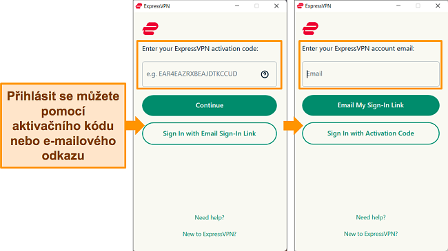 Snímky obrazovky aplikace ExpressVPN pro Windows zobrazující metody, kterými se uživatel může přihlásit do aplikace.