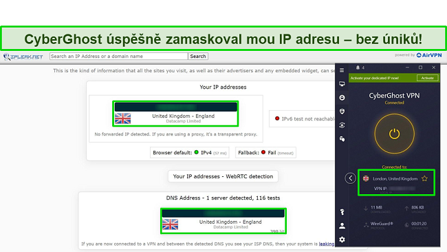 Snímek obrazovky testu úniku IP neukazující žádné úniky dat s CyberGhost připojeným k optimalizovanému P2P serveru ve Spojeném království.