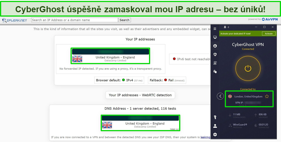 Snímek obrazovky testu úniku IP neukazující žádné úniky dat s CyberGhost připojeným k optimalizovanému P2P serveru ve Spojeném království.
