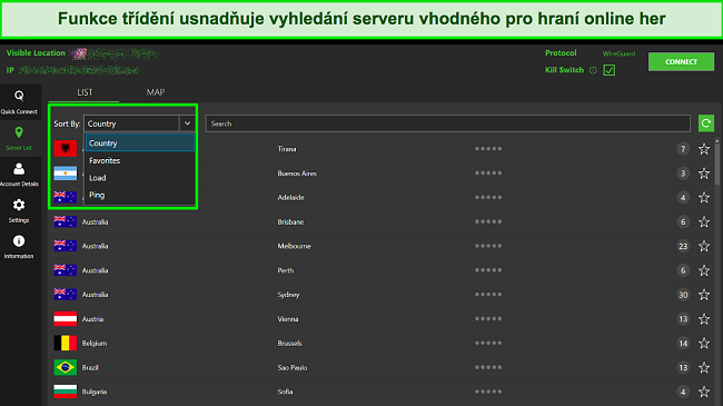 Snímek obrazovky funkce řazení IPVanish