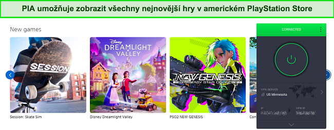 Snímek obrazovky obchodu PlayStation Store v USA s PIA připojeným k serveru v USA