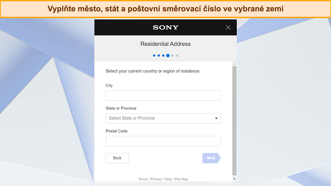 Snímek obrazovky obrazovky vytvoření účtu PlayStation s žádostí o adresu
