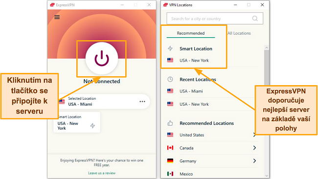 Snímek obrazovky stránek připojení ExpressVPN a seznamu serverů