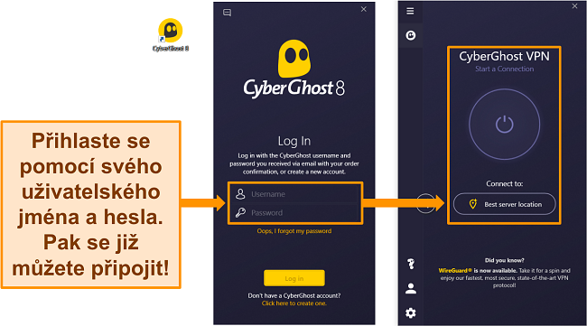 Snímek obrazovky aplikace CyberGhost pro Windows se zvýrazněnou částí uživatelského jména a hesla.