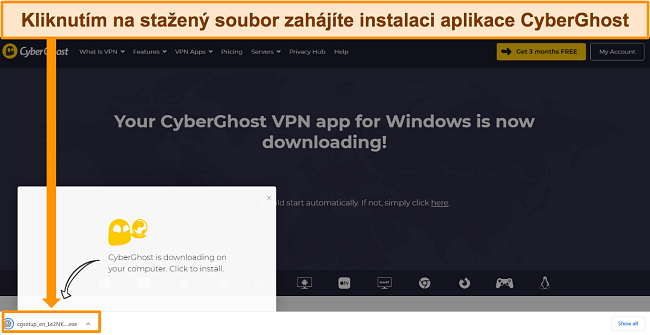Snímek obrazovky stahování aplikace CyberGhost do zařízení se systémem Windows.