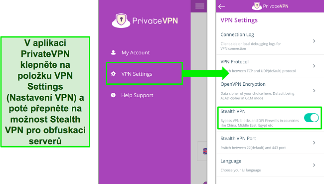 Snímky obrazovky aplikace PrivateVPN pro iOS ukazující, jak zapnout funkci Stealth VPN