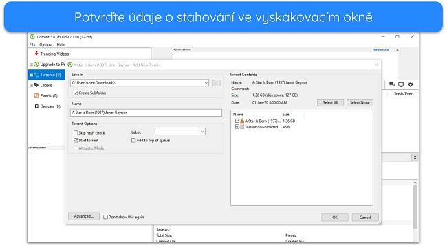 Snímek obrazovky vyskakovacího okna s podrobnostmi o stahování na uTorrent