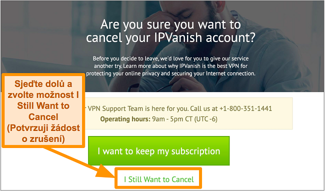 Snímek obrazovky Potvrzení zrušení IPVanish na ploše