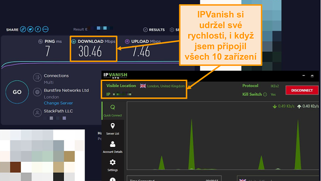 Snímek obrazovky s rychlostním testem s připojením IPVanish