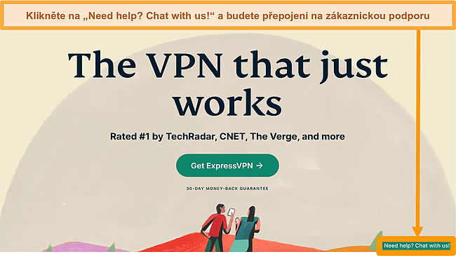 Snímek obrazovky domovské stránky ExpressVPN zobrazující tlačítko 24/7 Live Chat na ploše.