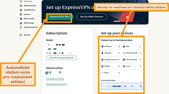 Screenshot z Průvodce nastavením ExpressVPN Download for Mac a zařízení.