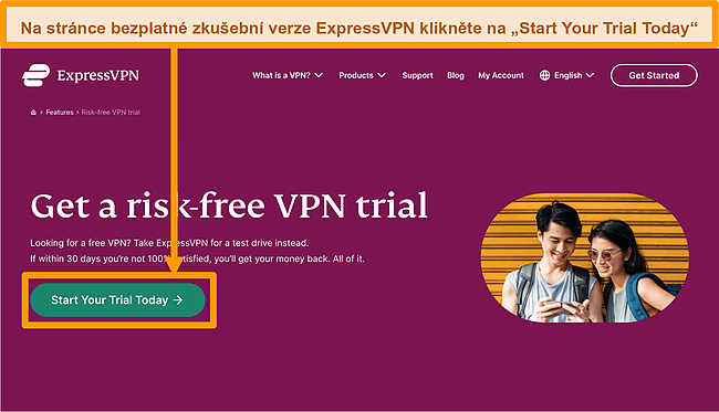 Snímek obrazovky zkušební stránky ExpressVPN zdarma na ploše.