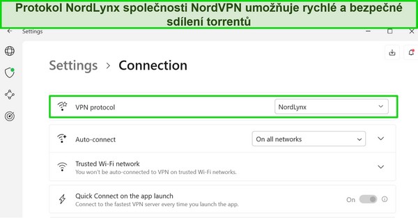 Snímek obrazovky aplikace NordVPN pro Windows zobrazující vybraný protokol NordLynx