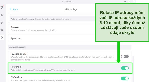Snímek obrazovky rozhraní Windows Surfshark zobrazující zapnuté otáčení IP