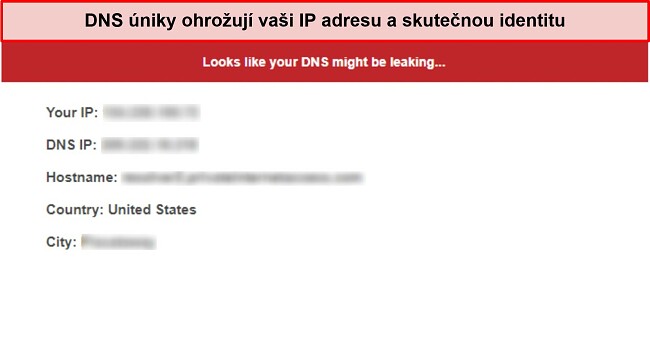 Snímek obrazovky testu úniku DNS hlásícího únik