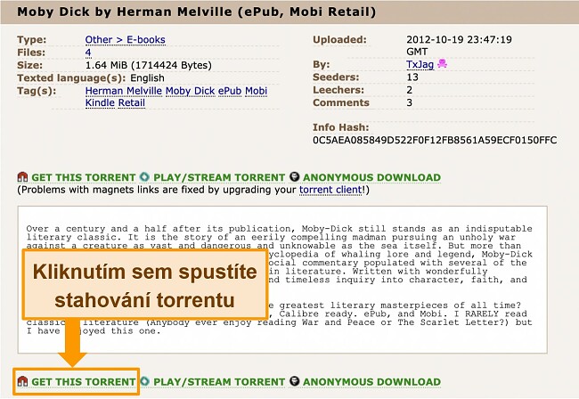 Screenshot stránky ke stažení torrentu na The Pirate Bay
