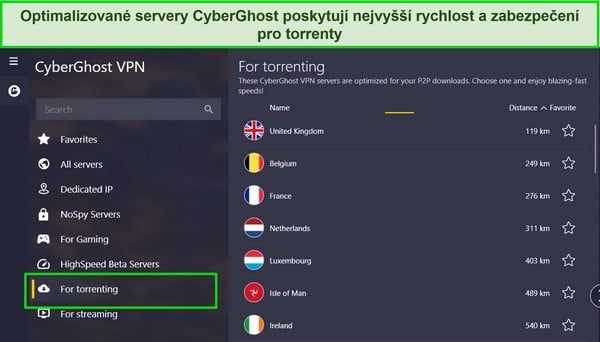 Snímek obrazovky aplikace CyberGhost pro Windows se zvýrazněným seznamem torrentových serverů.