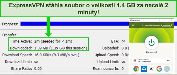 Snímek obrazovky ExpressVPN připojeného k britskému serveru pomocí torrent klienta, který ukazuje dobu stahování méně než 2 minuty pro soubor o velikosti 1,4 GB.