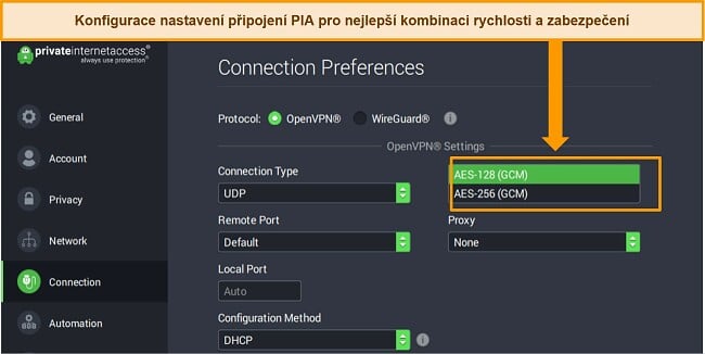 Snímek obrazovky aplikace PIA pro Windows s otevřenými Předvolbami připojení a zvýrazněným nastavením šifrování