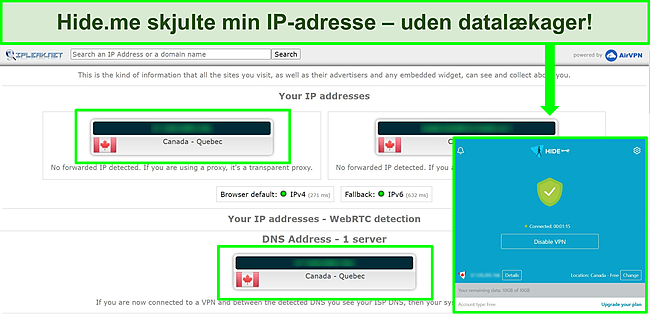 Skærmbillede af Hide.me's IP Leak-testresultater, mens de er tilsluttet en server i Canada