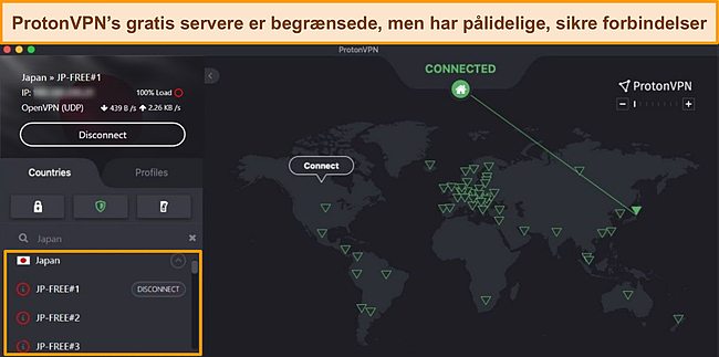 Skærmbillede af Proton VPN forbundet til en gratis server i Japan.