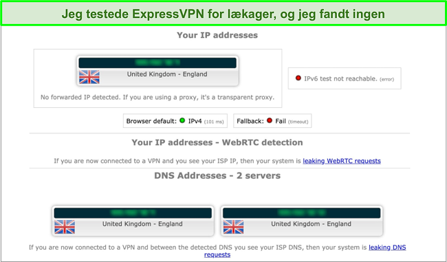Skærmbillede af ExpressVPNs lækktestresultater, mens den er tilsluttet en server i England