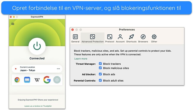 Skærmbillede af ExpressVPN forbundet til en server og dens Advanced Protection-blokeringsmuligheder