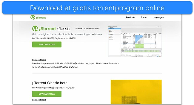 Skærmbillede af uTorrent download side