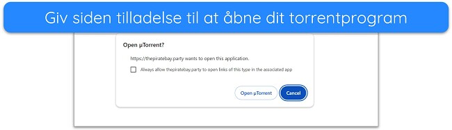 Skærmbillede af meddelelse om at åbne uTorrent-klient