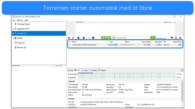 Skærmbillede af 'A Star is Born', der downloades på uTorrent