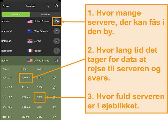 Skærmbillede af IPVanish-serverliste med servernumre, ping og serverbelastning fremhævet